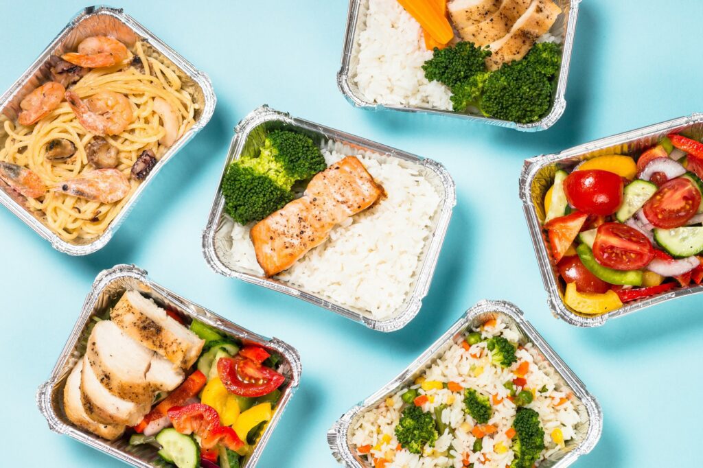 Food delivery concept - healthy lunch in boxes