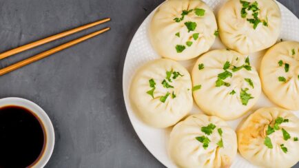 Horizontal banner for web design of Chinese steamed dumplings, soy sauce. Billboard, website